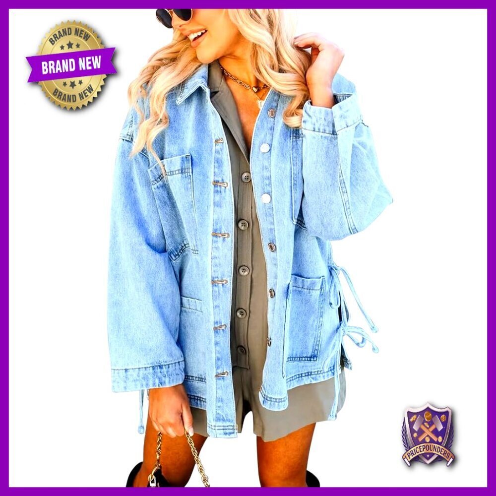 Oversized Denim Jacket with Side Tie Bow Detail Boho Chic Drop Shoulder Fit